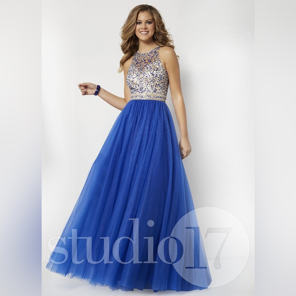 Studio 17 12667 Cutout Back Long Royal Blue Prom Dress illusion neck line